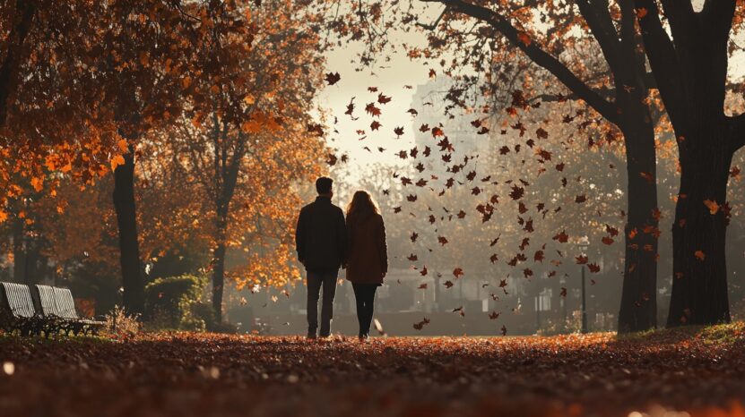 Couple walks hand in hand down a tree-lined path covered in autumn leaves, with orange foliage gently falling around them